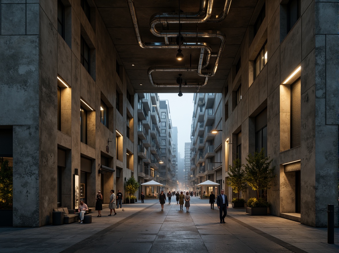 Prompt: Raw concrete walls, brutalist architecture, dramatic high ceilings, industrial lighting fixtures, exposed ductwork, minimalist decor, cold atmospheric ambiance, harsh shadows, monumental scale, urban context, busy city streets, evening misty atmosphere, moody warm lighting, shallow depth of field, 1/2 composition, realistic textures, ambient occlusion.