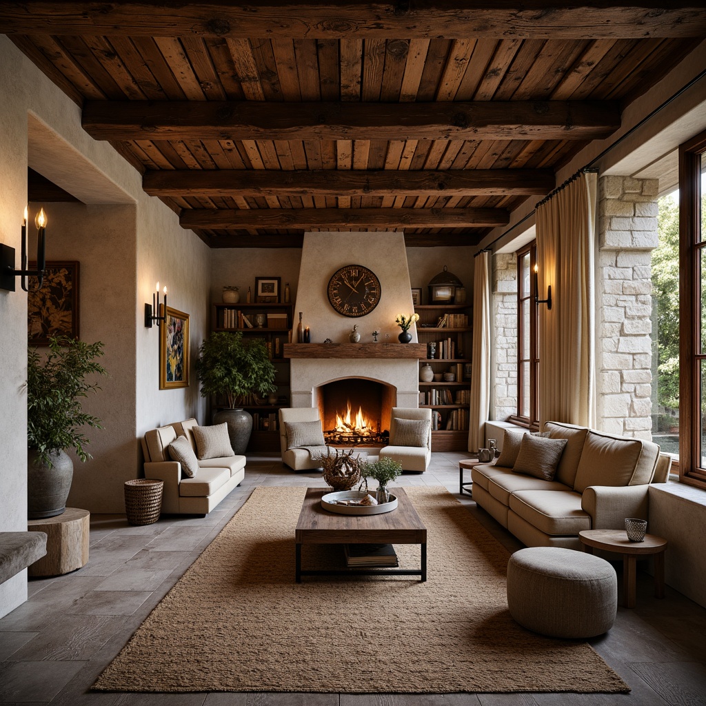 Prompt: Rustic farmhouse, vintage metal decorations, distressed wood accents, earthy color palette, natural stone walls, wooden beams, exposed brick ceilings, cozy reading nooks, plush furniture, woven textiles, warm candlelight, soft warm lighting, shallow depth of field, 3/4 composition, panoramic view, realistic textures, ambient occlusion.