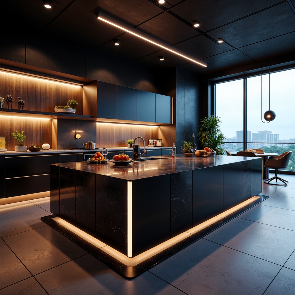 Prompt: Futuristic kitchen island, sleek metallic countertops, ambient LED lighting, under-cabinet illumination, pendant light fixtures, minimalist design, smart home automation, touchless sensor controls, matte black finishes, high-gloss surfaces, angular lines, geometric patterns, vibrant colorful accents, soft warm glow, realistic textures, shallow depth of field, 3/4 composition, panoramic view.