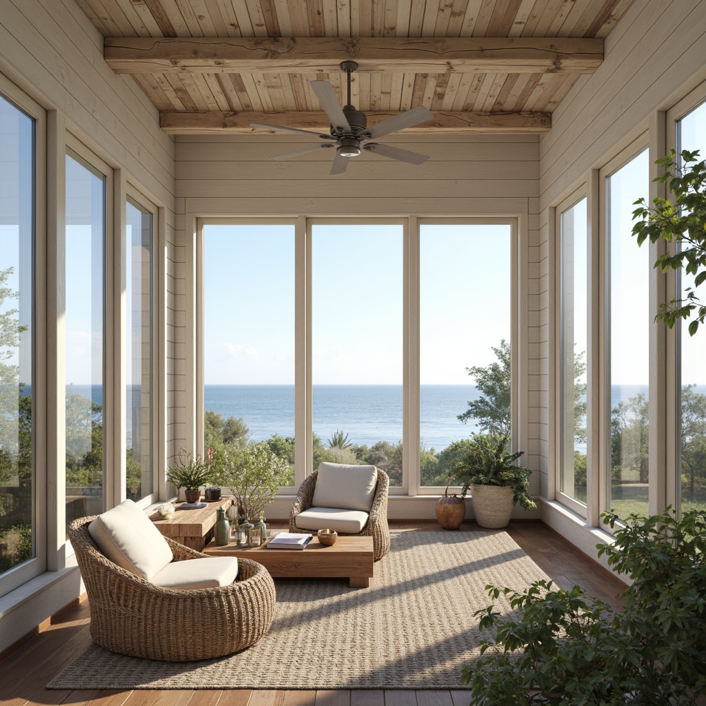 Prompt: Coastal sunroom, large windows, sliding glass doors, natural light, ocean views, beachy vibe, driftwood accents, white shiplap walls, nautical rope details, woven wicker furniture, sea salt air, soft warm lighting, shallow depth of field, 1/1 composition, panoramic view, realistic textures, ambient occlusion.