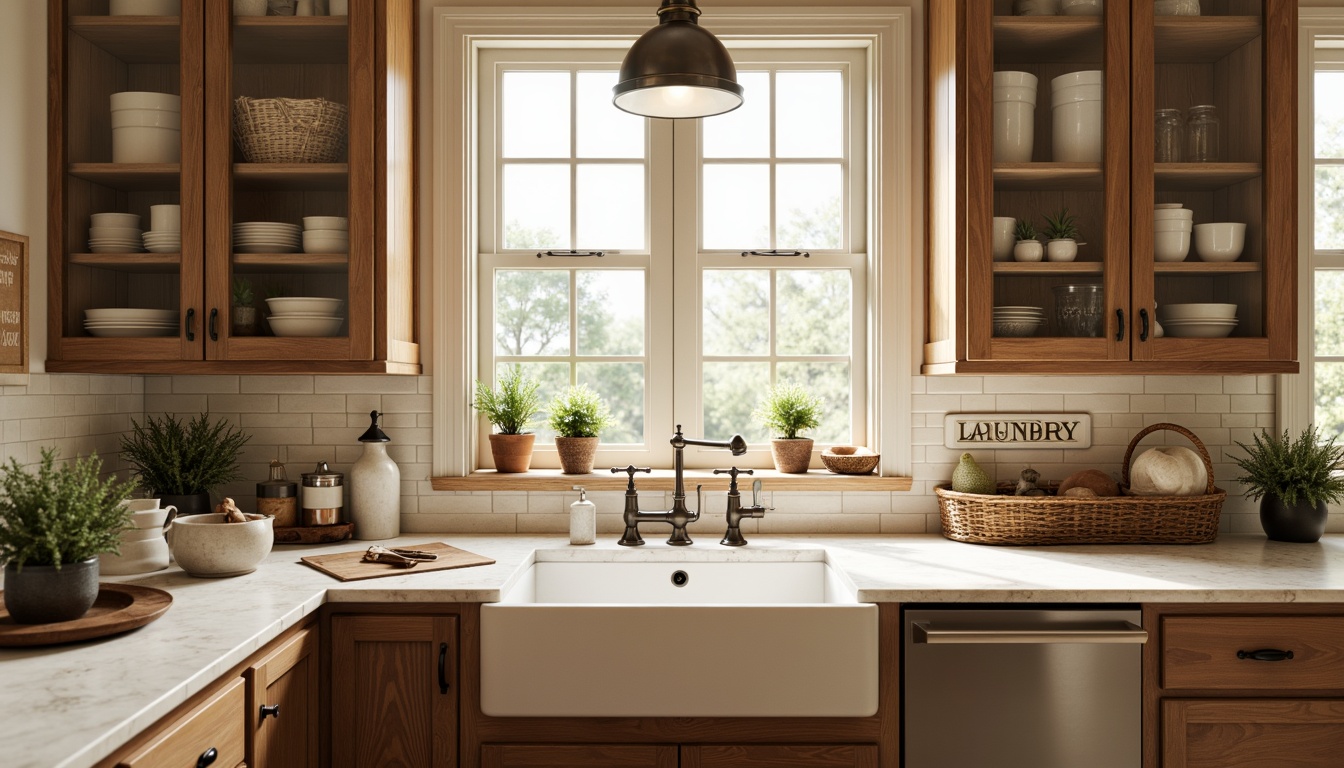 Prompt: Elegant sink basin, ornate faucet handles, classic ceramic tiles, rustic wooden cabinets, vintage-inspired lighting fixtures, soft warm beige tones, natural stone countertops, distressed metal accents, farmhouse-style apron sinks, traditional laundry signs, woven wicker baskets, potted greenery, morning sunlight, shallow depth of field, 1/1 composition, realistic textures, ambient occlusion.