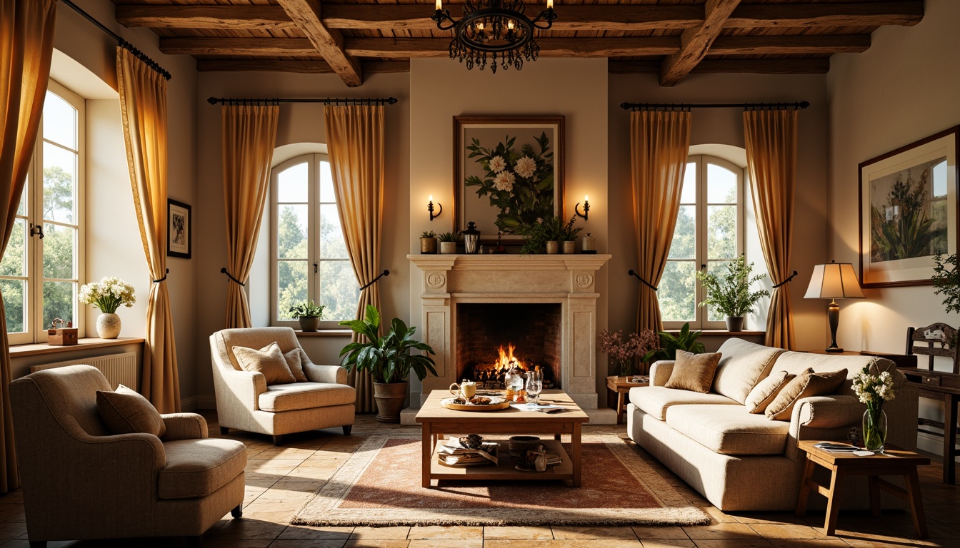 Prompt: Rustic French country estate, warm golden lighting, soft candle glow, ornate metal chandeliers, distressed wooden beams, natural stone walls, vintage furniture, lace curtains, floral patterns, earthy tones, soft pastel colors, warm beige textures, elegant cove ceilings, arched windows, romantic ambiance, cozy reading nooks, warm fireplace, crackling flames, afternoon sunbeams, 1/2 composition, shallow depth of field, realistic lighting effects.