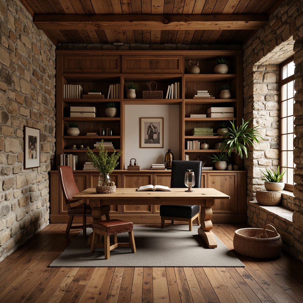 Prompt: Rustic home office, warm wood finishes, reclaimed wooden planks, oakwood desk, leather-bound chairs, vintage metal lanterns, earthy color palette, natural textiles, woven baskets, stone walls, exposed beams, cozy reading nooks, softbox lighting, 1/1 composition, shallow depth of field, realistic wood grain textures.