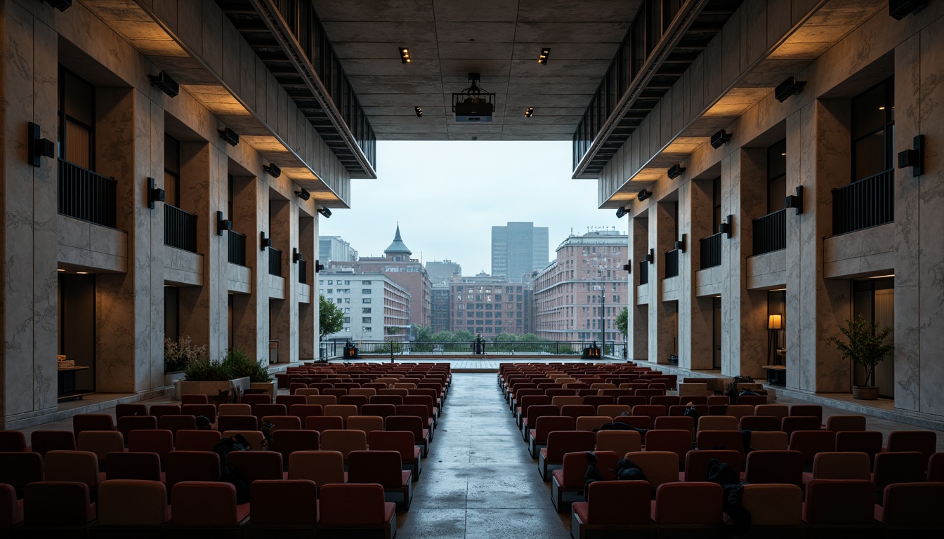 Prompt: Rugged brutalist auditorium, raw concrete walls, exposed ductwork, industrial-style lighting fixtures, dramatic high ceilings, steeply pitched roofs, minimalist seating areas, urban cityscape views, overcast day, harsh sidelight, deep shadows, cinematic atmosphere, 1-point perspective composition, symmetrical framing, high-contrast ratio, bold color accents, textured stucco finishes, cold atmospheric lighting, subtle gradient effects.