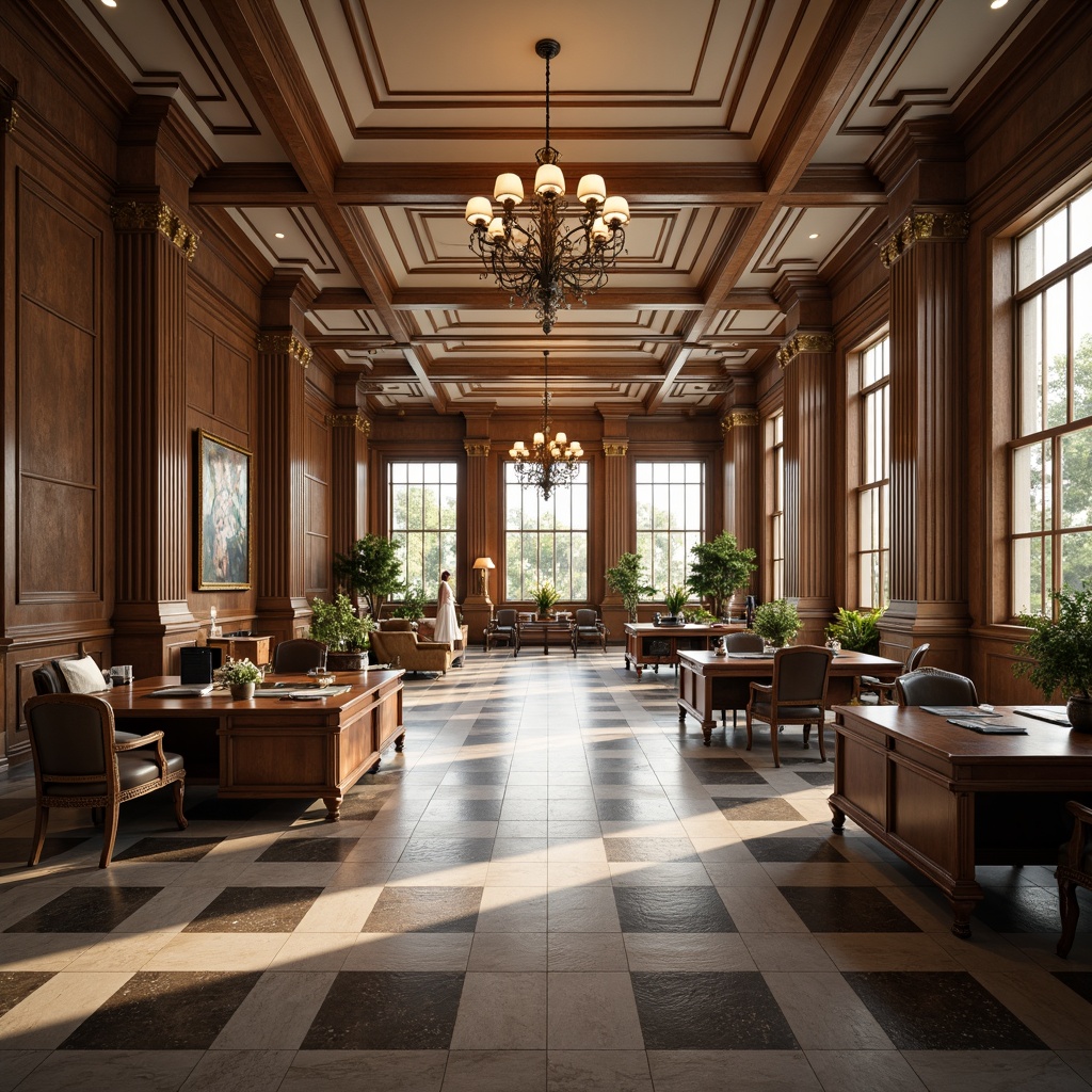 Prompt: Elegant office space, symmetrical floor plan, high ceilings, ornate moldings, luxurious wood paneling, rich leather furniture, classic column architecture, grand chandeliers, sophisticated color palette, neutral tones, subtle textures, refined metal accents, precise grid layout, harmonious proportions, airy atmosphere, soft natural light, 1/1 composition, shallow depth of field, warm ambient lighting, realistic reflections.