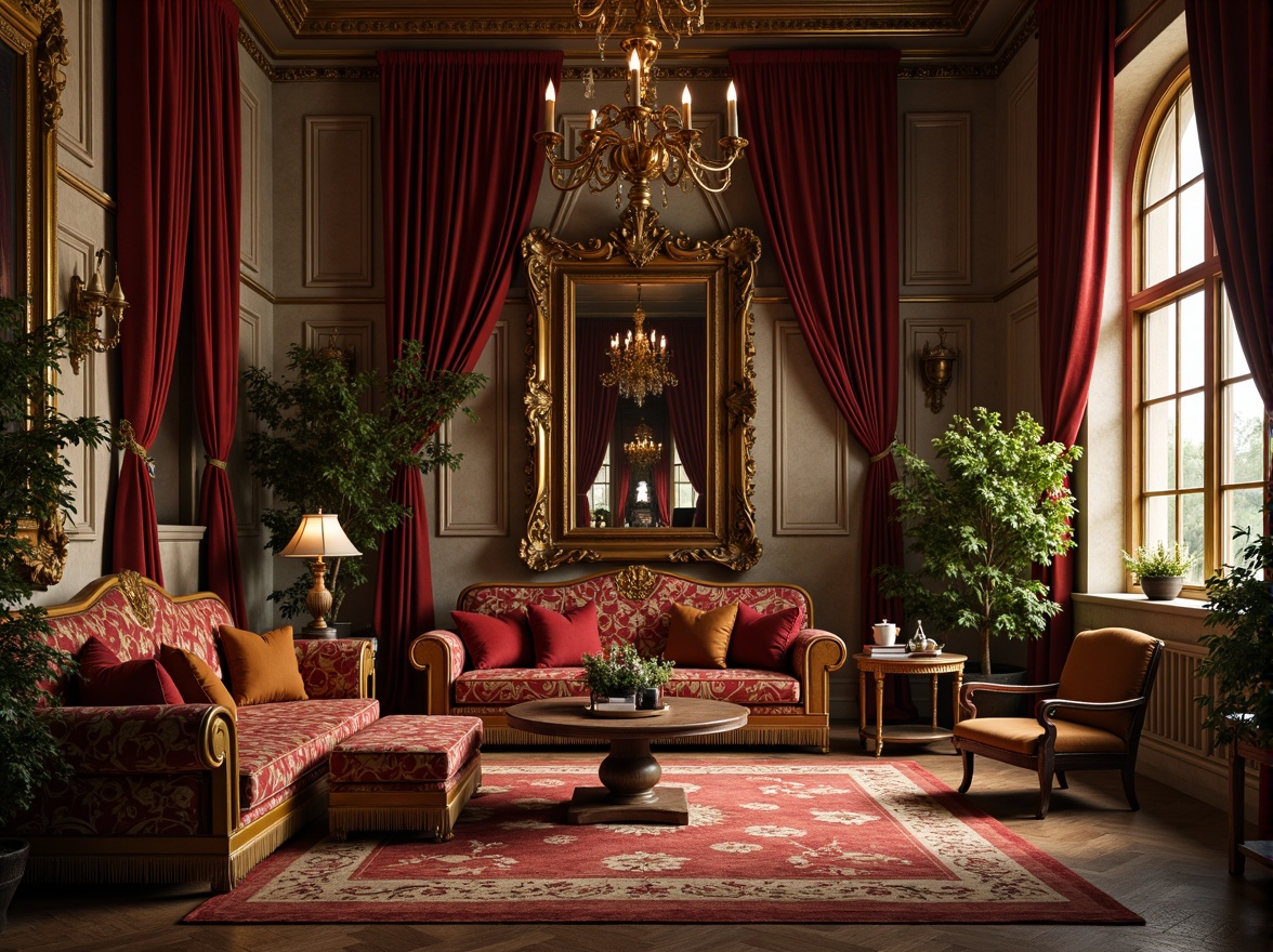 Prompt: Opulent Renaissance-style interior, rich wood tones, ornate furnishings, lavish fabrics, jewel-toned accents, golden lighting fixtures, cream-colored marble, intricate carvings, luxurious velvet drapes, warm earthy colors, rustic stone walls, soft candlelight, dramatic chiaroscuro, 2/3 composition, atmospheric perspective, realistic textures, ambient occlusion.