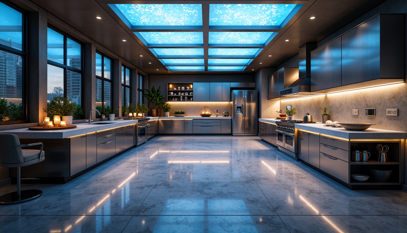 Prompt: Futuristic kitchen space, sleek metal cabinets, glossy countertops, ambient LED lighting, color-changing ceiling installations, floor-to-ceiling windows, minimalist decor, high-tech appliances, smart home integration, voice-controlled lighting systems, warm white under-cabinet illumination, cool blue overhead lighting, dynamic pattern projections, 3D-printed lamp fixtures, transparent glass shelves, reflective chrome accents, polished marble floors, modern industrial design, soft gradient shadows, shallow depth of field, realistic reflections.