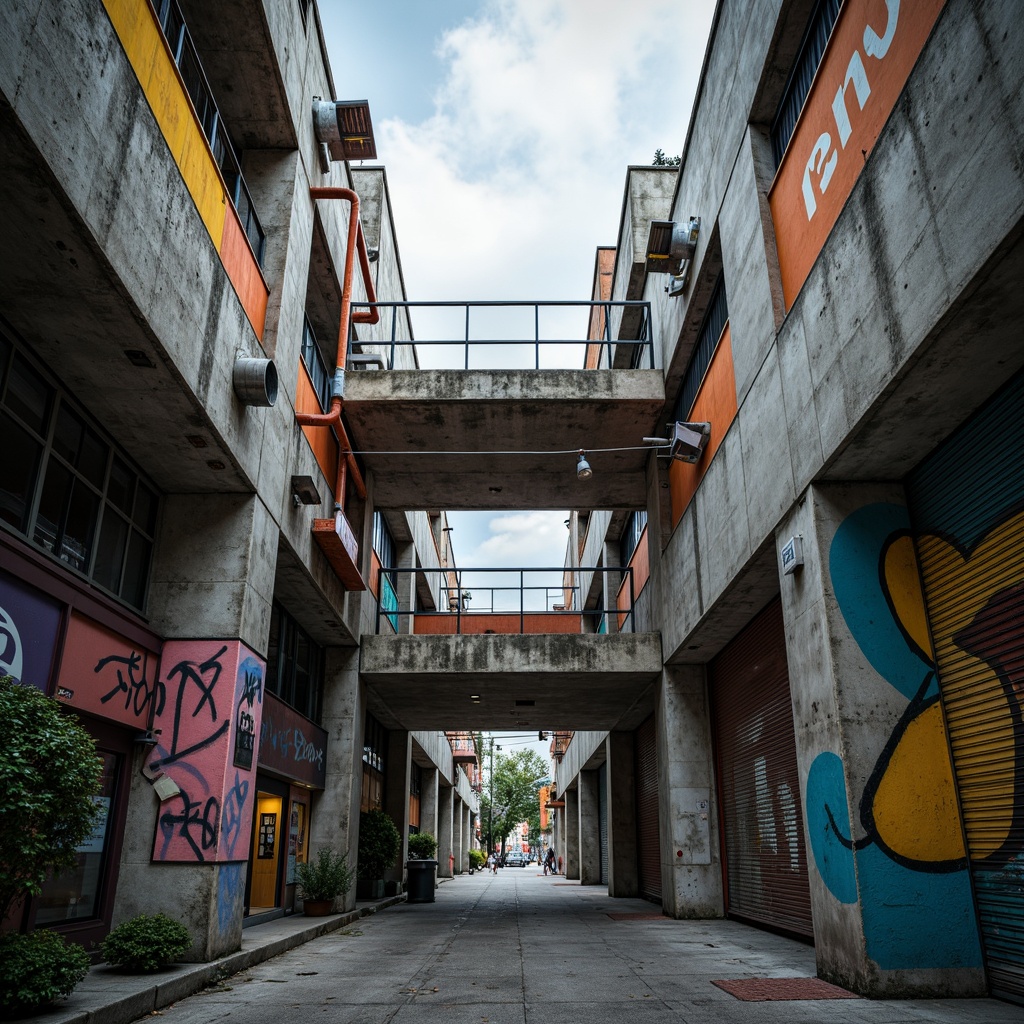 Prompt: Rugged brutalist architecture, exposed concrete walls, industrial pipes, metal beams, vibrant color accents, bold geometric patterns, abstract street art, urban cityscape, cloudy grey sky, dramatic lighting, low-angle shot, cinematic composition, gritty textures, realistic atmospheric effects.