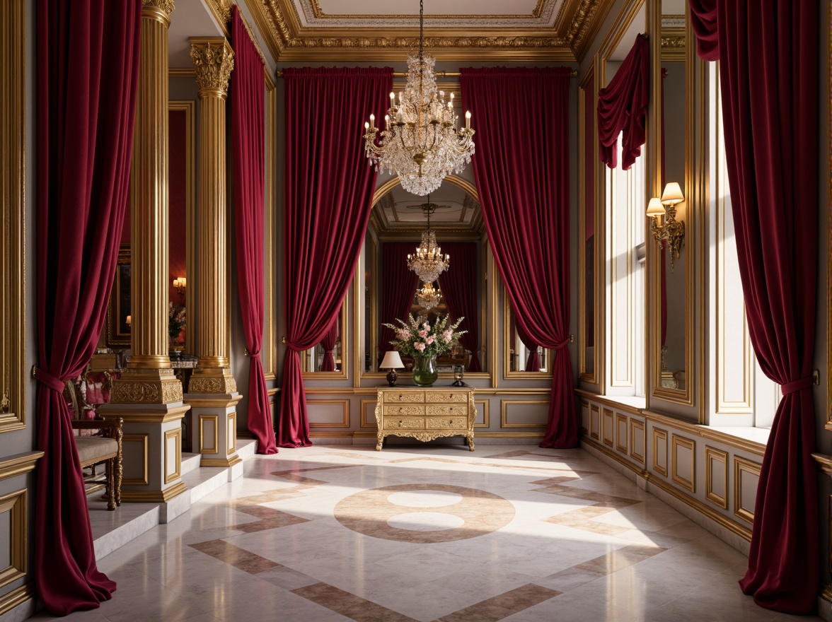 Prompt: Rich velvet drapes, ornate gold frames, luxurious marble floors, intricate wooden carvings, grand crystal chandeliers, opulent red and gold accents, lavish purple hues, soft cream tones, subtle beige undertones, warm candlelight, dramatic shadows, 3/4 composition, shallow depth of field, realistic textures, ambient occlusion.