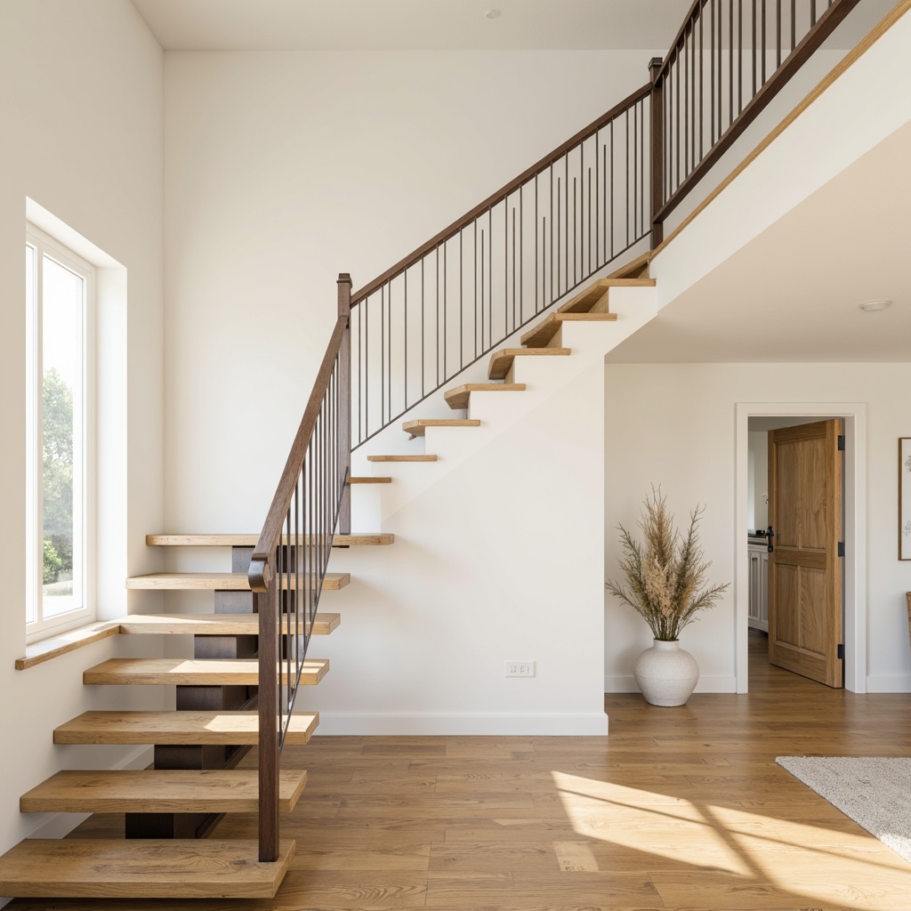 Prompt: Airy staircase, minimalist railings, sleek metal handrails, floating treads, open risers, subtle LED lighting, creamy white walls, polished wooden floors, sparse decorations, natural textiles, simple color palette, abundant natural light, shallow depth of field, 1/1 composition, panoramic view, realistic materials, ambient occlusion.