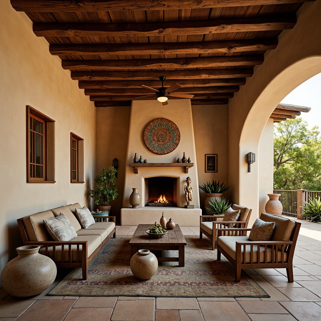 Prompt: Southwestern adobe architecture, earthy tones, warm beige stucco walls, rustic wooden beams, vibrant turquoise accents, Native American patterns, woven textiles, geometric motifs, natural stone floors, handmade ceramics, vintage Spanish colonial furniture, distressed leather upholstery, candlelit ambiance, warm golden lighting, shallow depth of field, 3/4 composition, symmetrical balance, earthy scent, ambient occlusion.