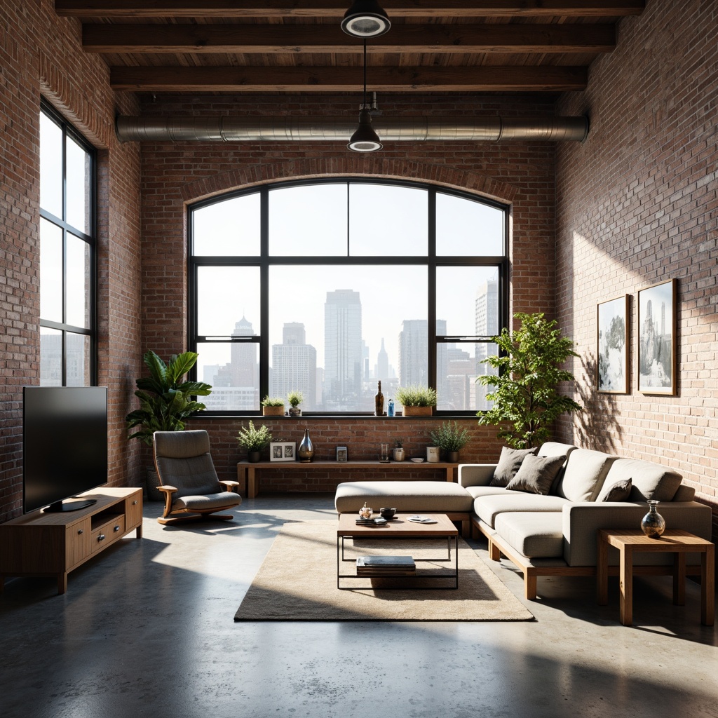 Prompt: Industrial chic loft, exposed brick walls, polished concrete floors, minimalist decor, floor-to-ceiling windows, natural light pouring in, urban skyline views, open space layout, streamlined modern design, functional simplicity, metallic accents, reclaimed wood furniture, monochromatic color scheme, high ceilings, airy atmosphere, 1/1 composition, softbox lighting, subtle shadows, realistic textures, ambient occlusion.