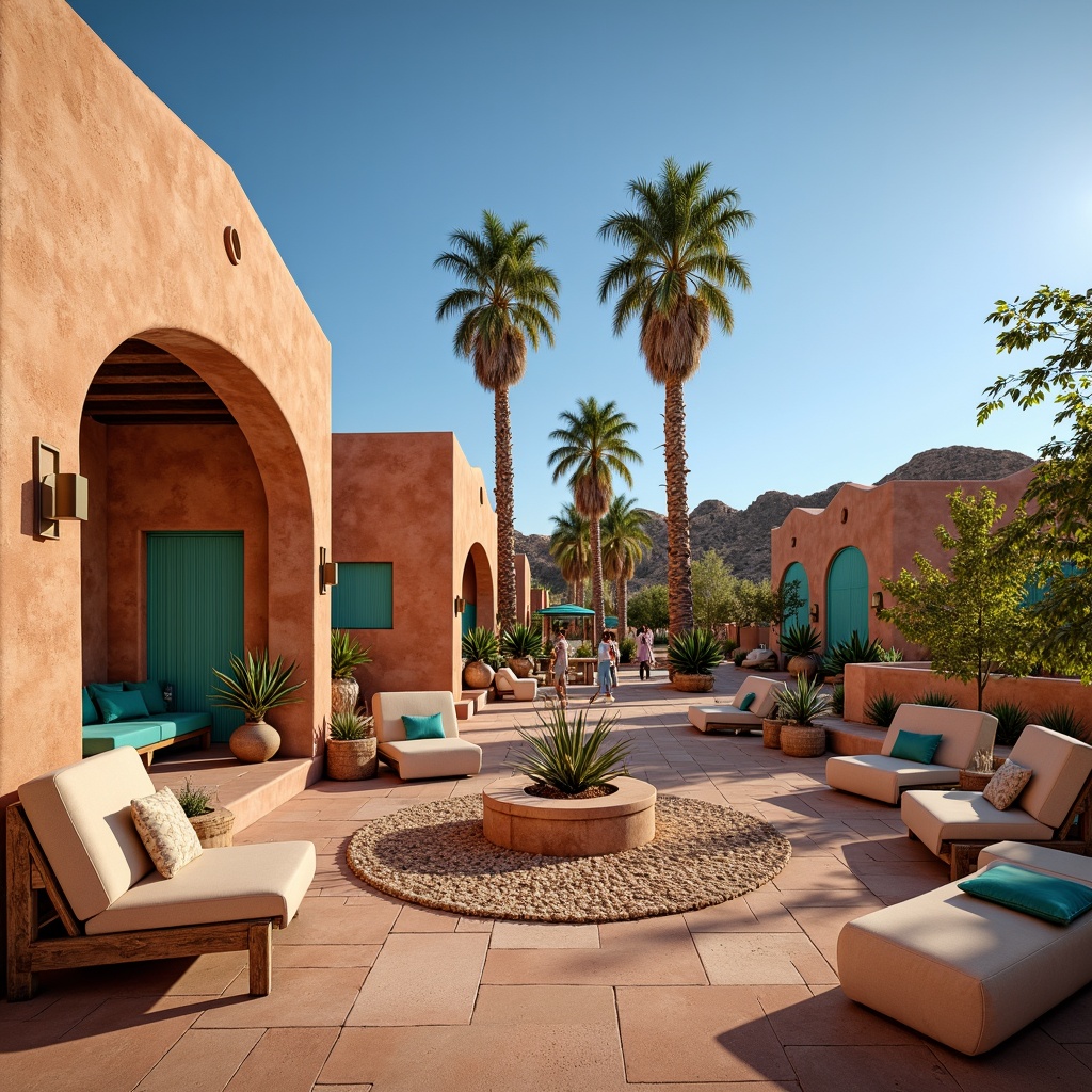 Prompt: Adobe-style stucco walls, curved terracotta roofs, vibrant turquoise accents, natural stone seating areas, rustic wooden benches, Southwestern-inspired textiles, intricate geometric patterns, warm sandy flooring, desert landscape surroundings, majestic palm trees, clear blue skies, sunny day, soft warm lighting, shallow depth of field, 3/4 composition, panoramic view, realistic textures, ambient occlusion.