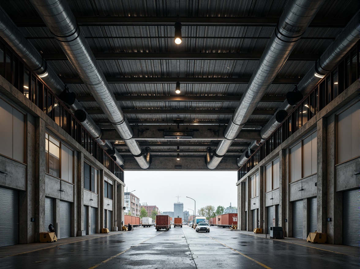 Prompt: Exposed ductwork, industrial pipes, concrete flooring, brutalist architecture, functional layout, high ceilings, steel beams, metal frames, loading docks, cargo elevators, warehouse storage, shipping containers, urban landscape, overcast sky, dramatic shadows, high-contrast lighting, symmetrical composition, graphic textures, abstract forms, weathered concrete, industrial atmosphere, functional minimalism.