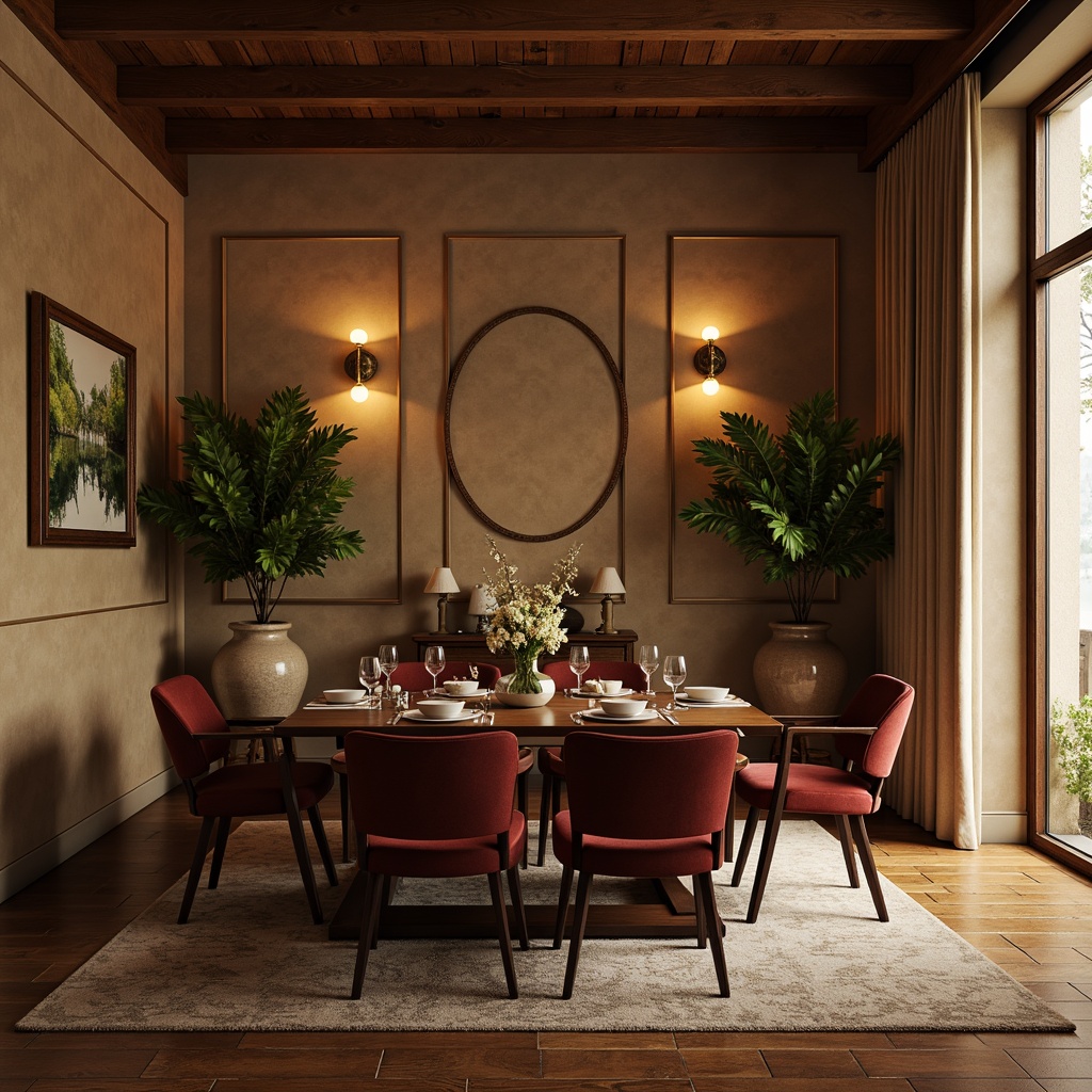 Prompt: Warm dining room, earthy tones, rich wood accents, soft beige walls, comfortable velvet furniture, elegant gold lighting fixtures, decorative ceramic vases, lush greenery, natural stone flooring, cozy rug, intimate ambiance, warm candlelight, 1/1 composition, shallow depth of field, realistic textures.