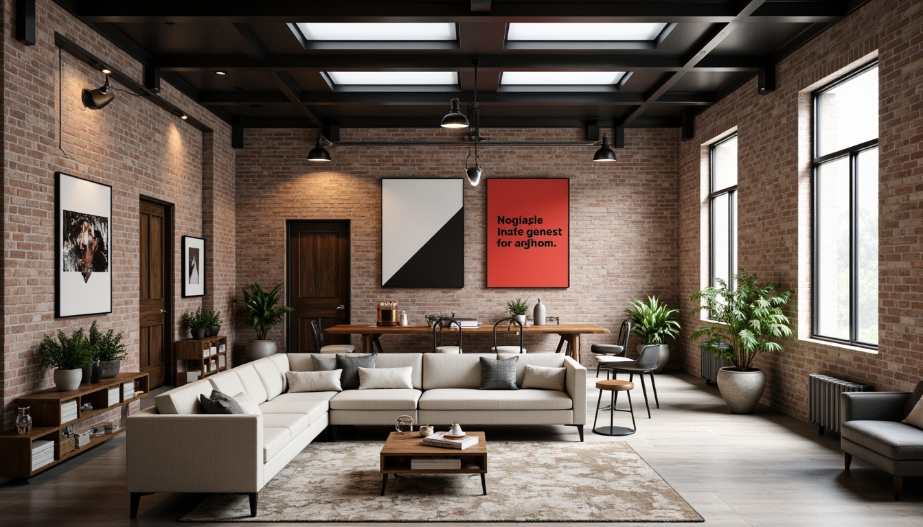 Prompt: Monochromatic interior, primary colors, bold black lines, industrial materials, exposed brick walls, polished metal accents, minimalist decor, geometric shapes, functional furniture, adjustable lighting systems, neutral beige tones, rich walnut wood, bold typography, abstract artwork, natural textiles, matte finishes, urban loft atmosphere, high ceilings, open floor plans, clerestory windows, soft diffused light, shallow depth of field, 1/1 composition.