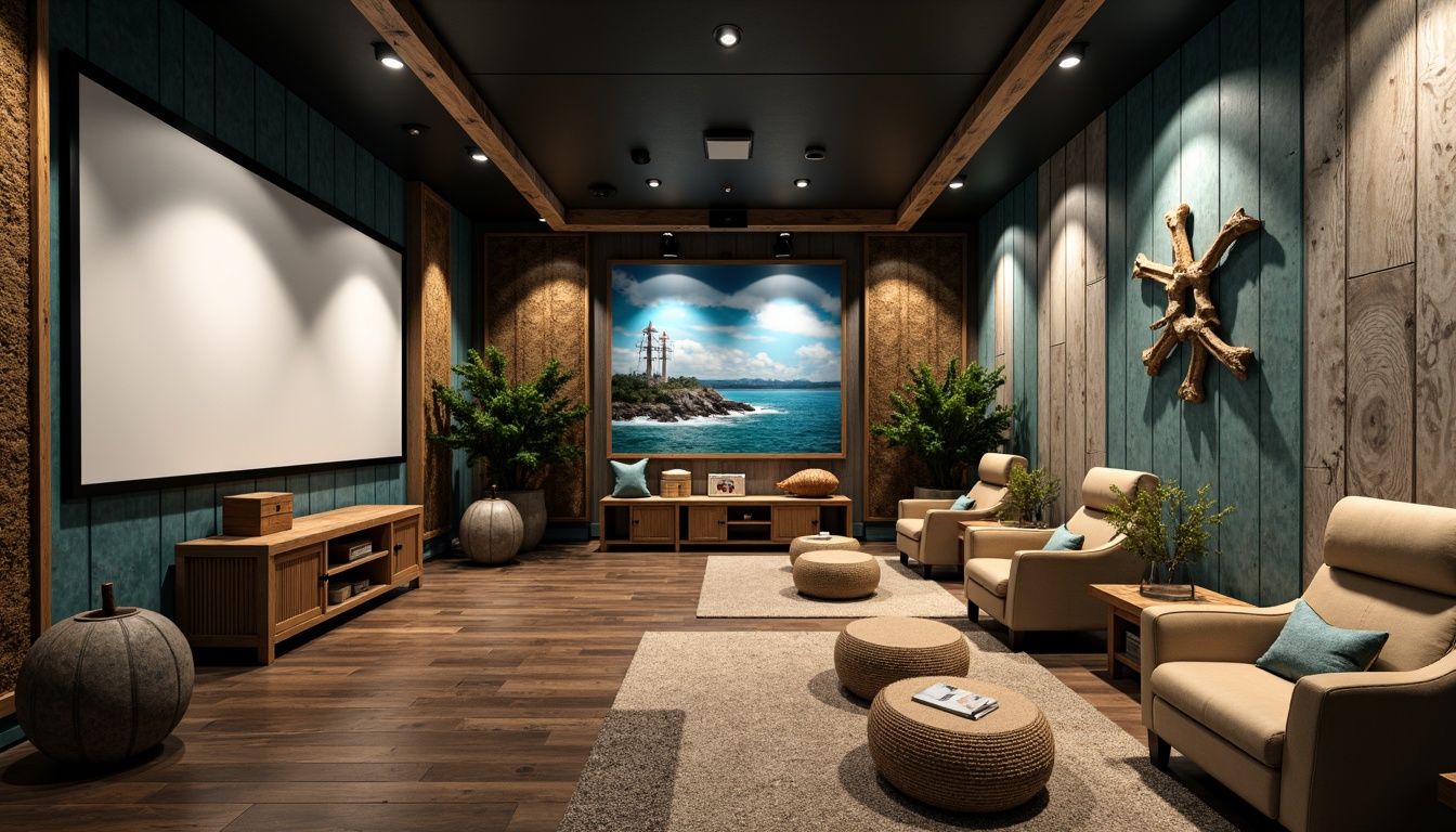 Prompt: Coastal-themed cinema interior, driftwood accents, nautical rope details, vintage marine instruments, distressed wood paneling, soft blue-green color palette, ocean-inspired textiles, shell-shaped decorations, natural fiber rugs, reclaimed wood floors, rustic metal fixtures, warm ambient lighting, cinematic projection screens, plush comfortable seating, sound-absorbing acoustic panels, beachy scent diffusers, calming ocean soundscape, 1/2 composition, shallow depth of field, soft focus effect.