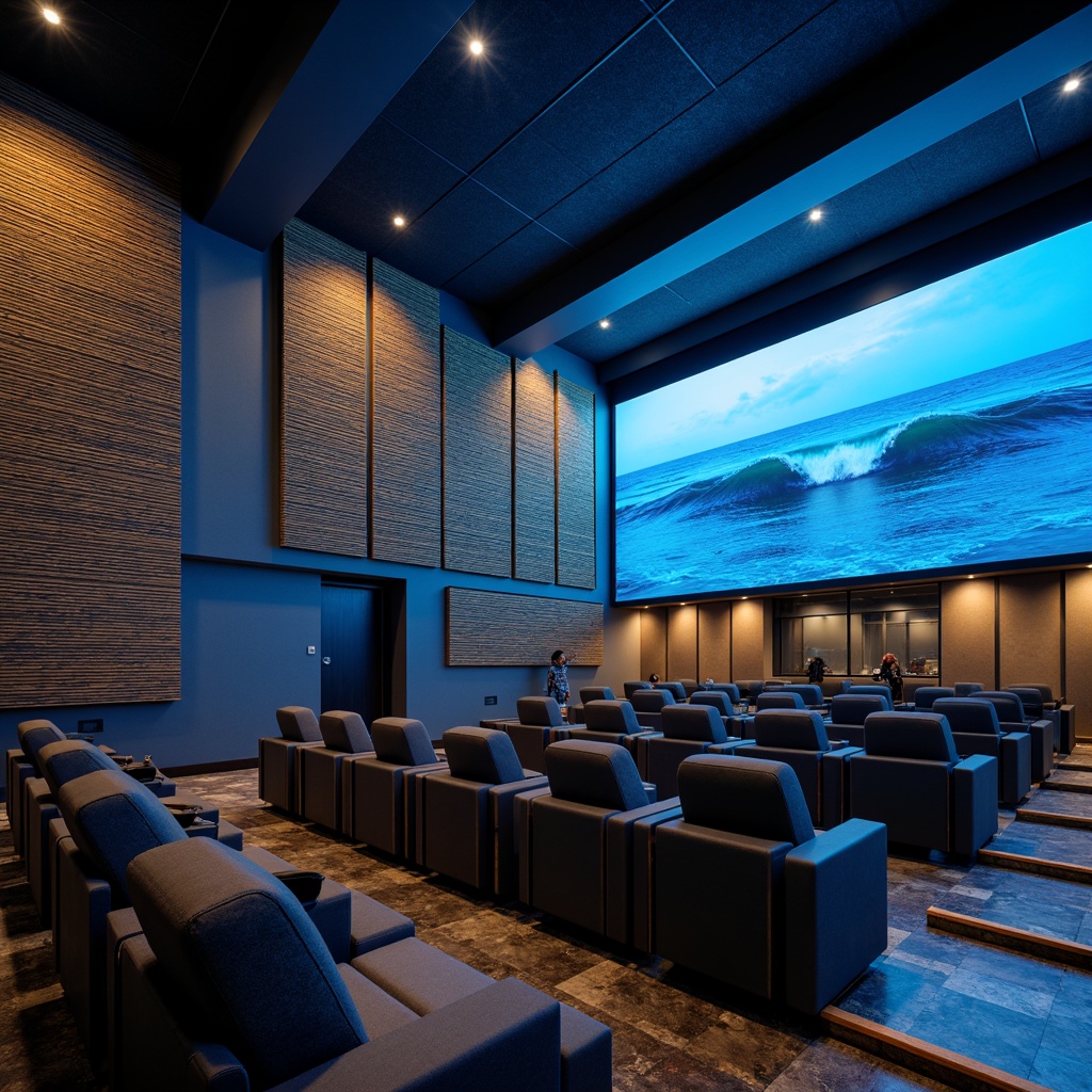 Prompt: Coastal cinema interior, ocean-inspired color scheme, wave-patterned acoustic panels, wooden slat walls, soft blue lighting, comfortable seating, sound-absorbing materials, minimal echo, clear audio quality, cinematic atmosphere, surround sound system, high ceilings, large screens, calming ambiance, gentle ocean breeze sound effects, realistic sound propagation, 1/2 composition, warm and inviting tone, subtle wood textures, ambient occlusion.