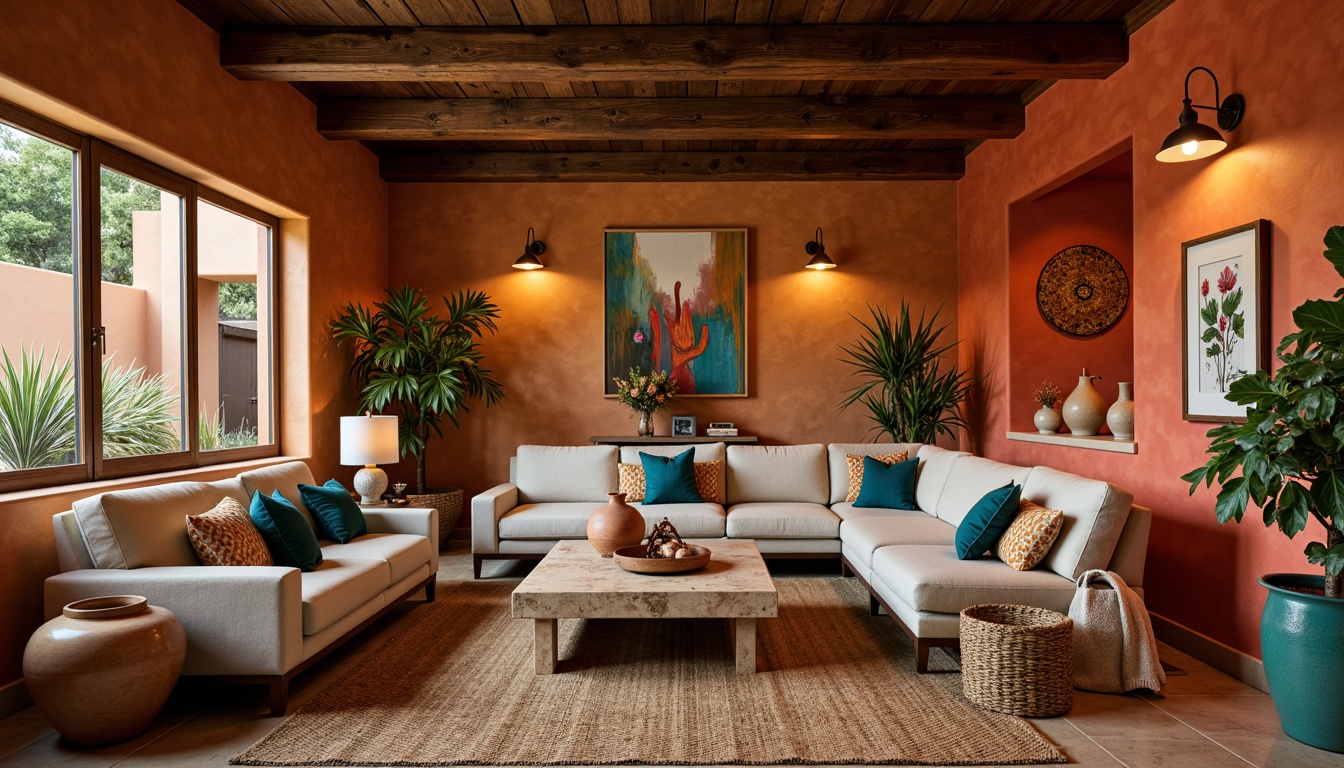 Prompt: Southwestern basement, warm earthy tones, rustic wooden accents, vibrant turquoise hues, plush sectional sofas, woven jute rugs, chunky clay pottery, geometric patterned throw pillows, natural stone coffee tables, wrought iron lighting fixtures, desert-inspired botanical prints, distressed leather armchairs, colorful woven baskets, bold red and orange accent walls, cozy reading nooks, warm ambient lighting, 1/1 composition, shallow depth of field, soft focus.