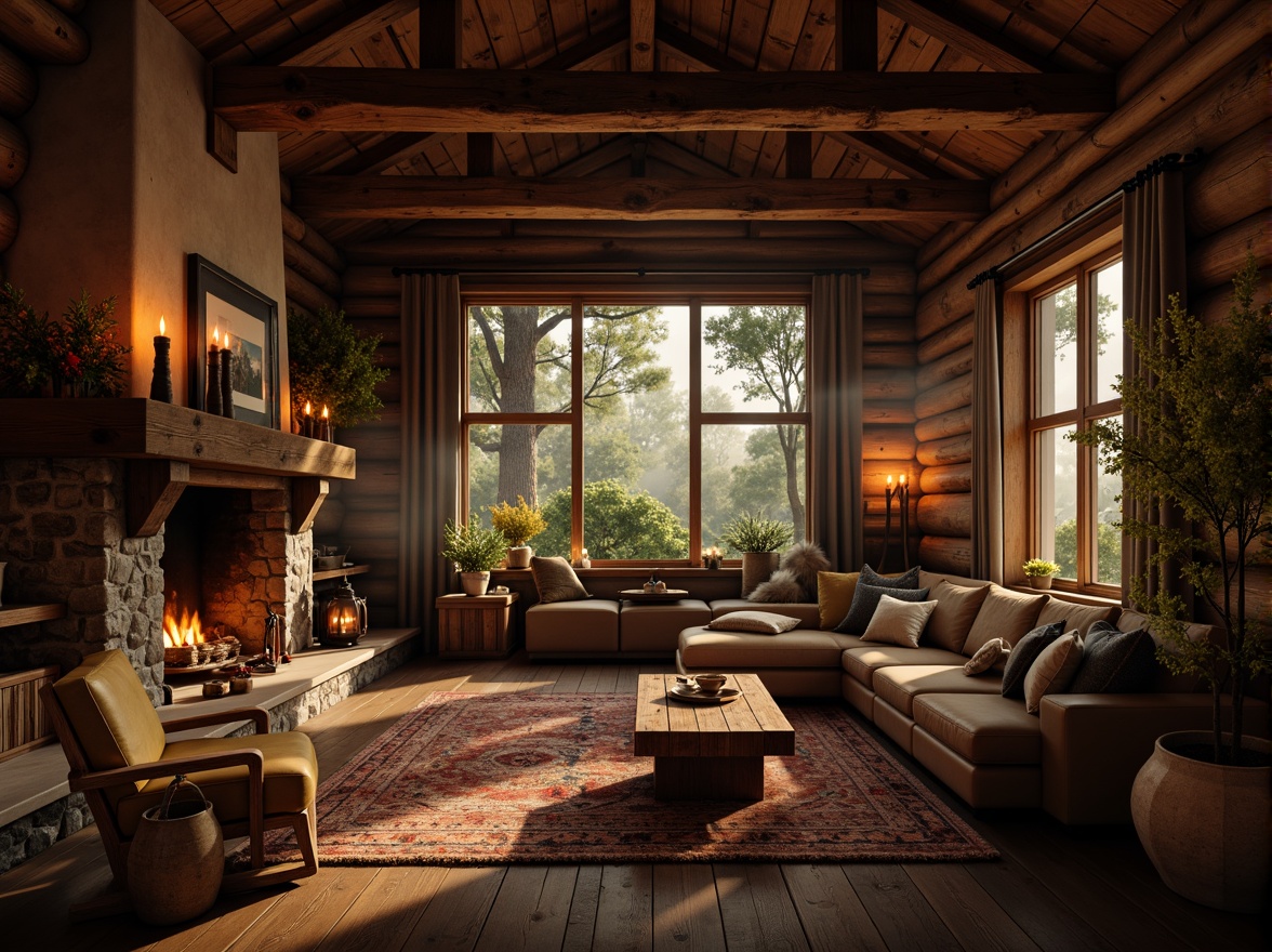 Prompt: Warm rustic cabin, wooden beams, stone fireplace, dimmed candles, soft warm glow, lanterns with metal frames, pendant lights made of natural materials, earthy color palette, cozy ambiance, morning sunlight, dappled light through trees, misty atmosphere, atmospheric perspective, shallow depth of field, 1/1 composition, cinematic lighting, realistic textures, ambient occlusion.