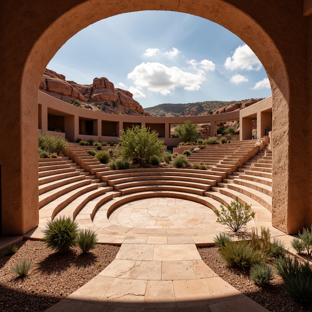 Prompt: Southwestern-style amphitheater, rustic stone seating, natural red rock formations, desert flora, warm sandy tones, curved lines, open-air design, tiered layout, optimal sound reflection, minimal echo, clear vocal projection, balanced instrumental resonance, warm afternoon sunlight, soft gradient shadows, 3/4 composition, shallow depth of field, realistic textures, ambient occlusion.