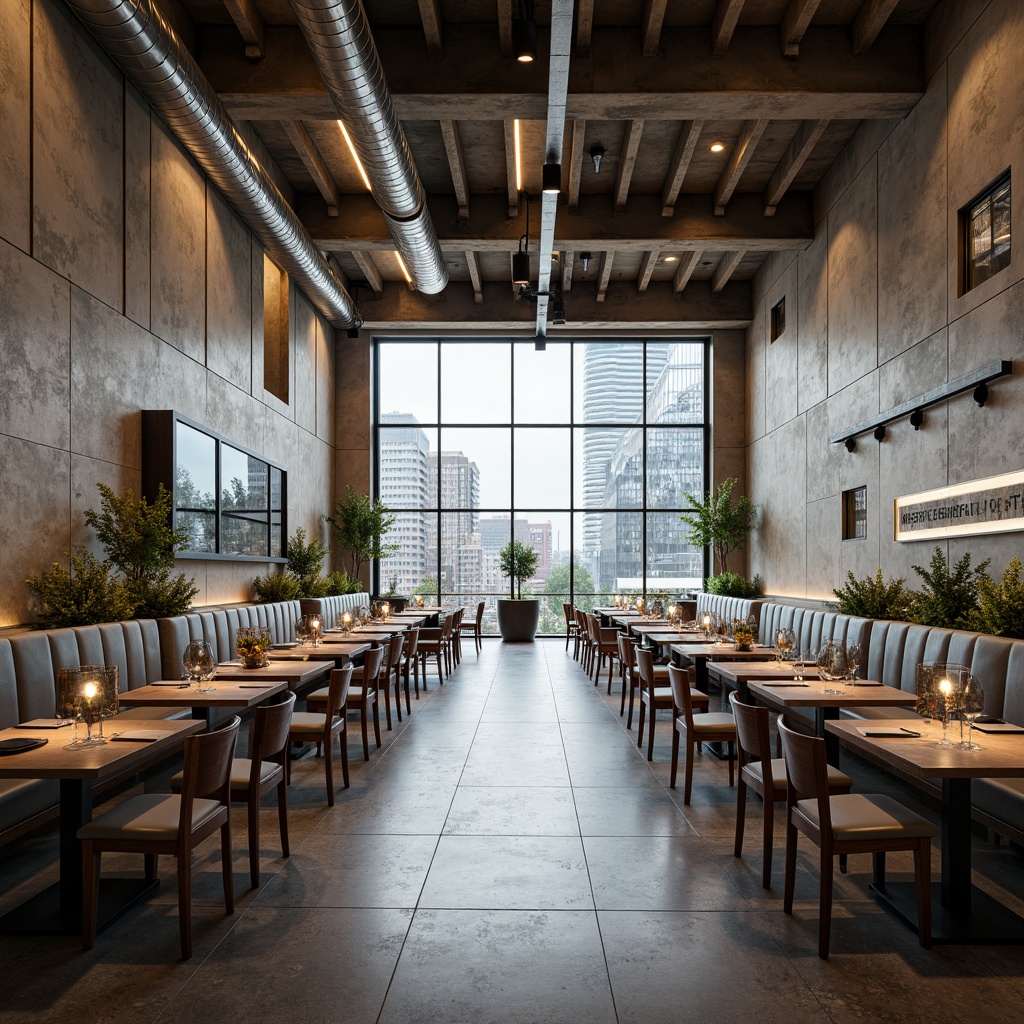 Prompt: Rugged brutalist dining hall, raw concrete walls, exposed ductwork, industrial lighting fixtures, communal tables, minimalist chairs, urban landscape views, floor-to-ceiling windows, natural stone flooring, metallic accents, geometric patterns, asymmetrical composition, high ceiling, dramatic shadows, warm color palette, soft ambient lighting, 1/2 composition, realistic textures, subtle camera movements.