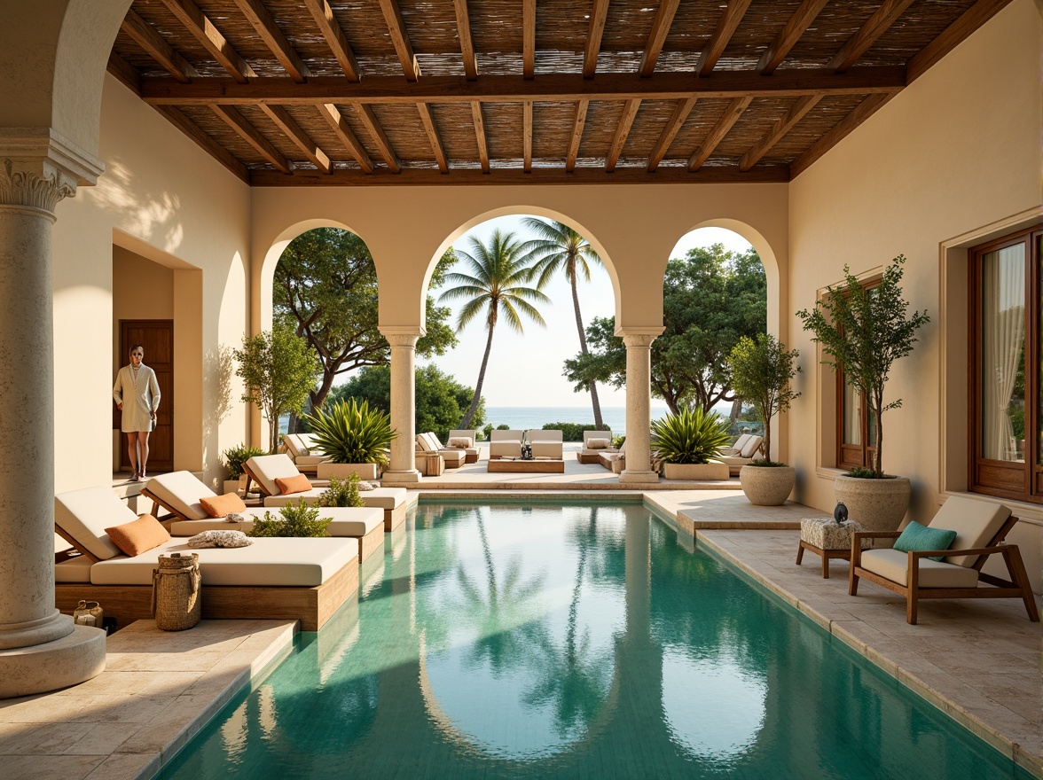 Prompt: Luxurious villa, Mediterranean style, warm beige walls, turquoise accents, lush greenery, palm trees, tranquil ocean views, soft sandy beaches, calming atmosphere, natural stone floors, wooden furnishings, creamy white columns, elegant archways, vibrant floral patterns, golden sunset hues, warm ambient lighting, shallow depth of field, 1/1 composition, realistic textures.