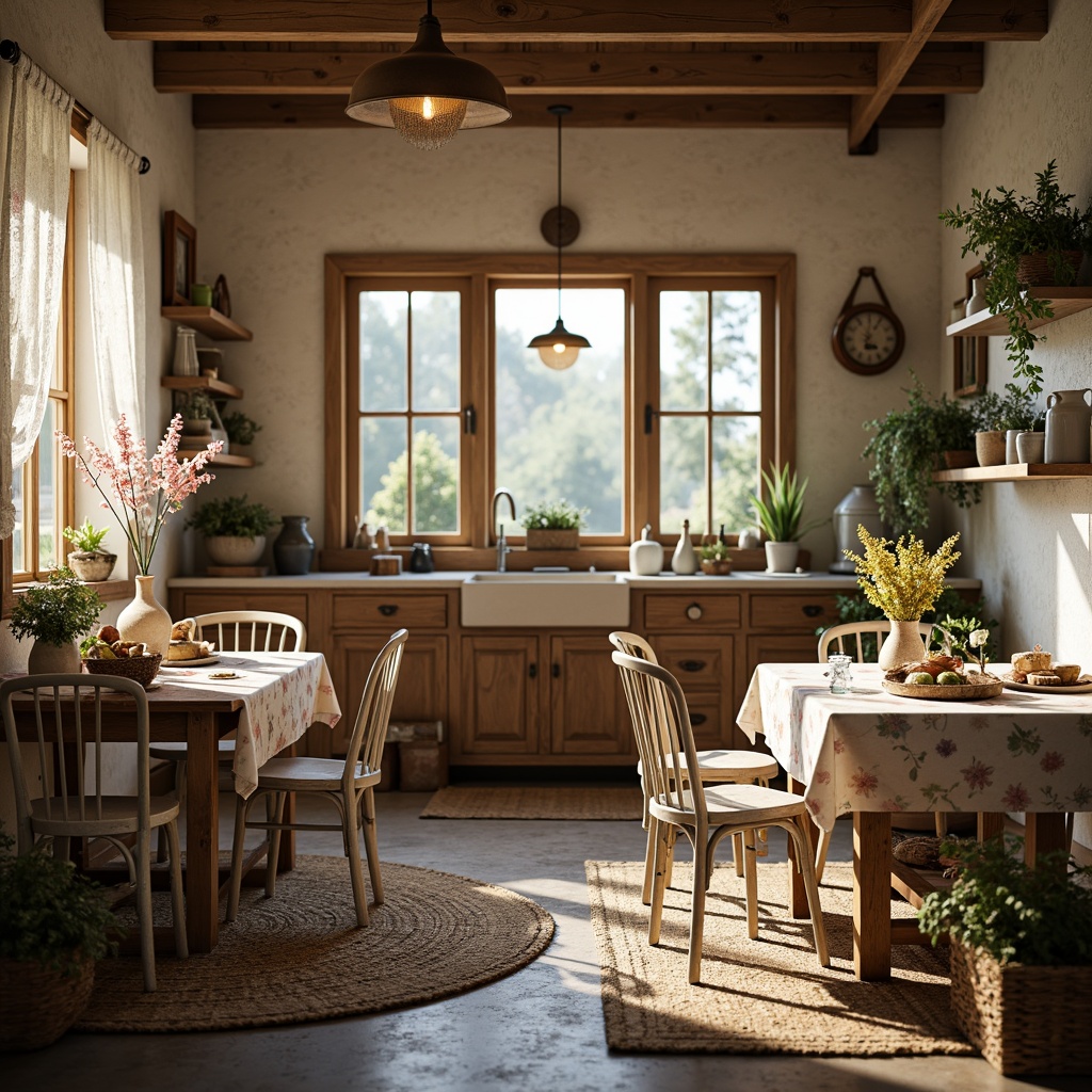 Prompt: Rustic wooden tables, vintage metal chairs, distressed finishes, soft pastel colors, floral patterns, lace curtains, warm candlelight, antique decorative items, natural woven baskets, earthy tones, woven rugs, plush throw pillows, country-style kitchenware, fresh flowers, sunny morning light, shallow depth of field, 1/1 composition, intimate atmosphere.