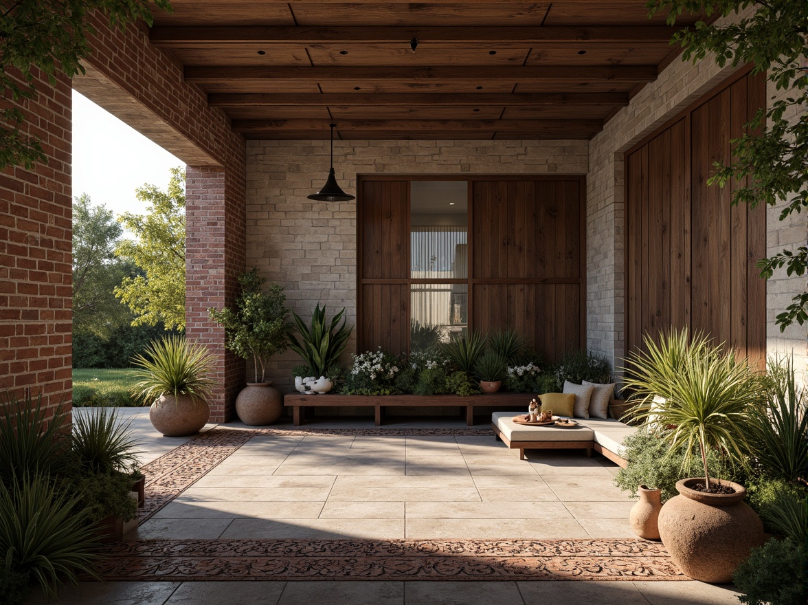 Prompt: Rustic wood accents, rough-hewn stone walls, distressed metal panels, weathered brick facades, tactile concrete floors, ornate ceramic tiles, intricate mosaics, earthy terracotta pots, lush greenery, natural light, warm ambient glow, shallow depth of field, 3/4 composition, realistic textures, ambient occlusion.