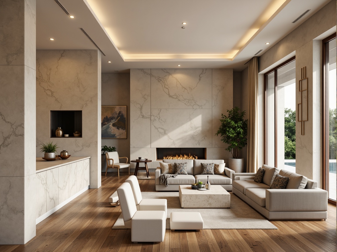 Prompt: Modern villa interior, neutral beige walls, rich walnut wood flooring, creamy white marble countertops, soft gray velvet sofas, metallic gold accents, warm beige curtains, natural stone feature walls, minimalist decor, sleek low-profile furniture, recessed lighting, subtle texture contrast, calm atmosphere, soft focus blur, shallow depth of field, 1/2 composition, realistic render.