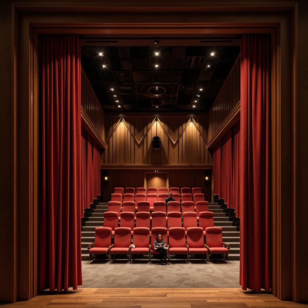 Prompt: Luxurious theater interior, rich velvet curtains, golden accents, wooden floors, sound-absorbing acoustic panels, triangular geometry, dark wood frames, soft ambient lighting, spotlights on ceiling, comfortable seating, premium fabric upholstery, subtle patterns, minimal ornamentation, functional design, optimized sound reflections, clear audio clarity, 1/1 composition, realistic textures, warm color palette, intimate atmosphere.