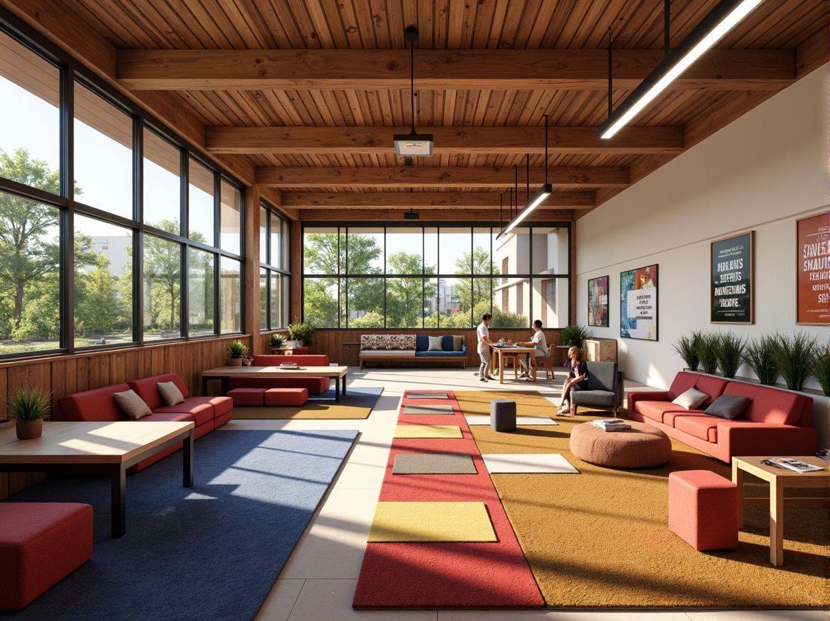 Prompt: Vibrant academic interior, rich wood accents, plush carpeting, comfortable seating areas, colorful textile patterns, geometric motifs, inspirational quotes, educational graphics, interactive whiteboards, collaborative workspaces, flexible modular furniture, natural light pouring in, soft warm ambiance, 1/1 composition, intimate atmosphere, realistic textures, ambient occlusion.