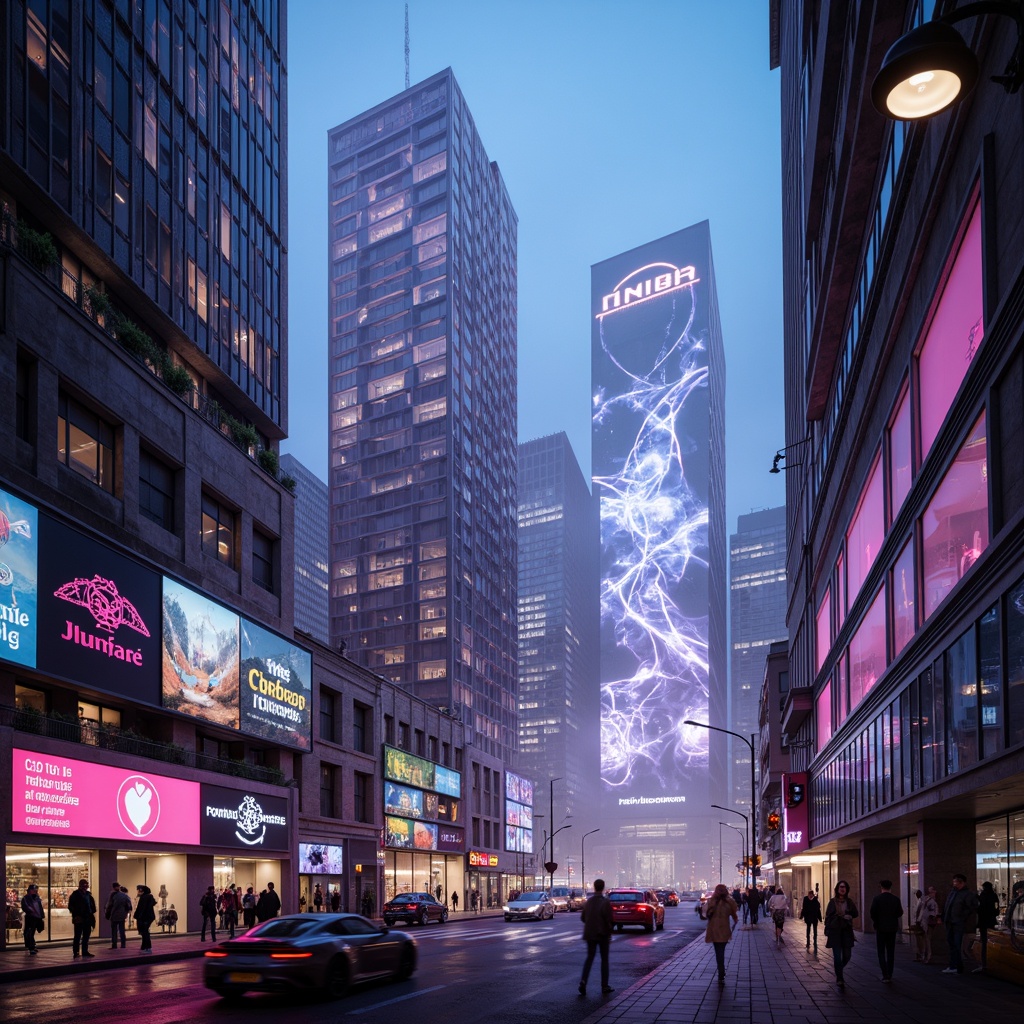 Prompt: Neon-lit futuristic cityscape, sleek skyscrapers, metallic towers, holographic advertisements, iridescent mist, glowing neon lines, cyberpunk atmosphere, vibrant pink accents, electric blue hues, luminescent whites, dark greys, chrome finishes, glassy reflections, geometric patterns, fractal designs, 3D projections, ambient glow, soft focus, shallow depth of field, cinematic composition, high-tech gadgets, robotic silhouettes.