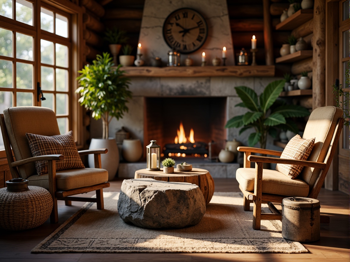 Prompt: Rustic wooden armchairs, plush velvet cushions, natural stone coffee tables, reclaimed wood shelves, earthy-toned rugs, vintage metal lanterns, distressed leather ottomans, woven wicker baskets, wooden log walls, cozy cabin-inspired decor, warm candlelight, soft morning sunlight, shallow depth of field, 1/2 composition, realistic textures, ambient occlusion.