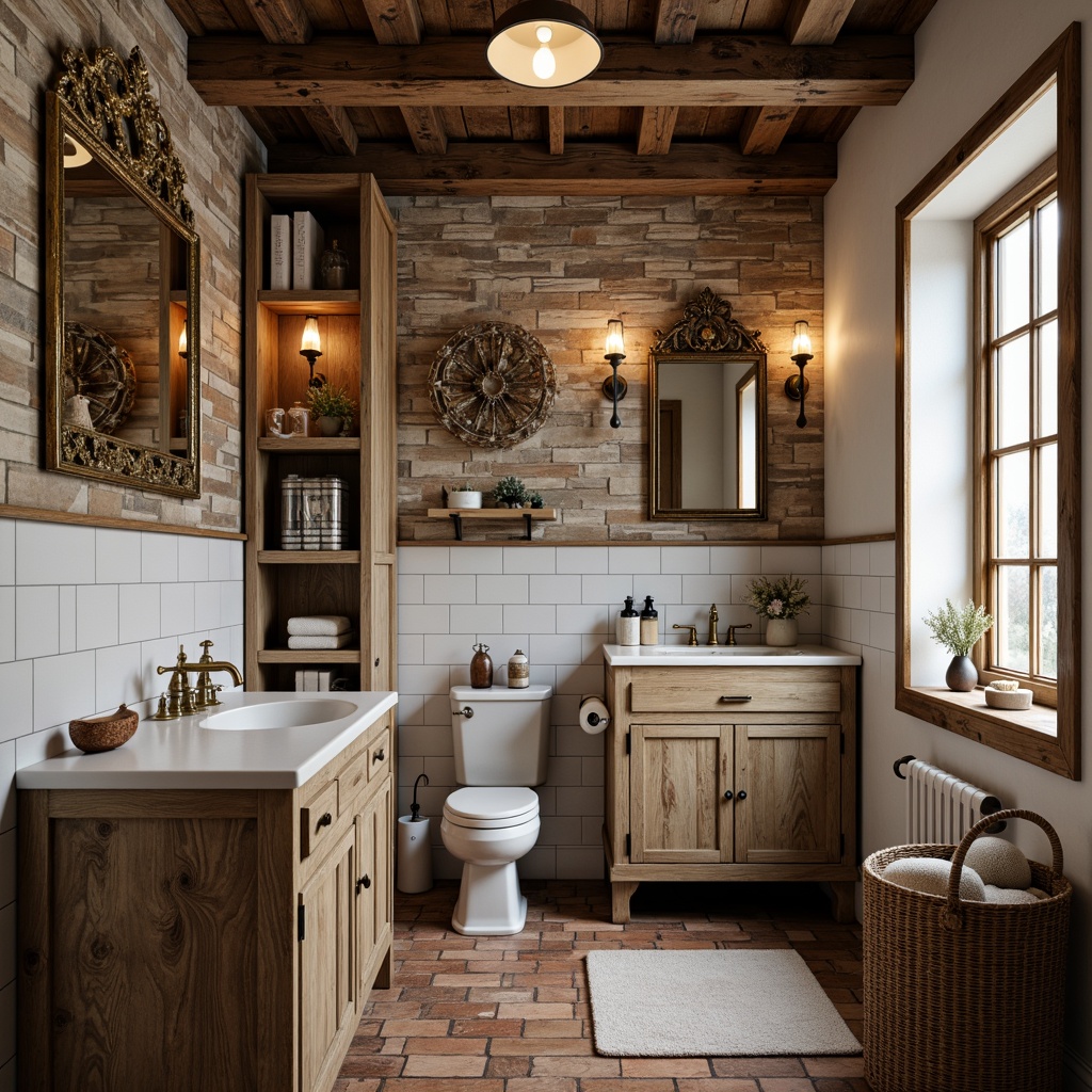 Prompt: Rustic bathroom, farmhouse decor, vintage fixtures, antique brass faucets, distressed wood cabinets, copper accents, earthy tones, natural stone walls, subway tiles, brick flooring, ornate mirrors, metal lanterns, pendant lighting, woven baskets, linen textiles, soft warm lighting, shallow depth of field, 1/2 composition, realistic textures, ambient occlusion.