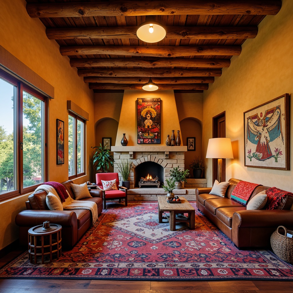 Prompt: Vibrant Southwestern living room, bold Native American patterns, colorful woven textiles, plush throw blankets, rustic wooden furniture, earthy tone walls, natural stone fireplace, warm golden lighting, cozy reading nook, comfortable leather sofas, geometric-shaped rugs, turquoise accents, authentic tribal artifacts, rich velvet fabrics, statement piece artwork, soft ambient glow, shallow depth of field, 1/1 composition, intimate atmosphere, realistic textures.