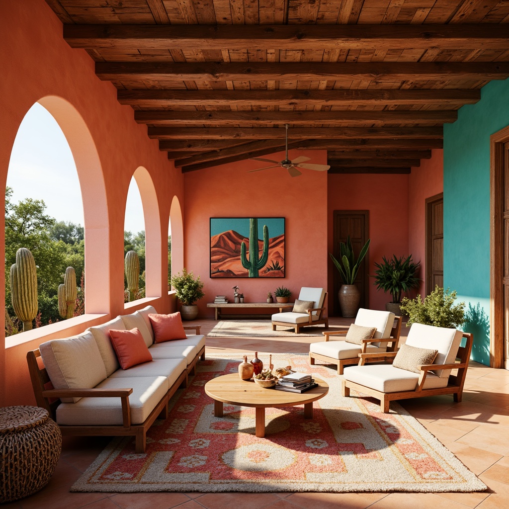 Prompt: Vibrant southwestern living room, earthy terracotta walls, rustic wooden beams, warm sandy flooring, plush turquoise accents, vibrant coral hues, natural linen upholstery, woven wicker furniture, geometric patterned rugs, desert-inspired artwork, abundant cacti, warm sunny day, soft golden lighting, shallow depth of field, 3/4 composition, realistic textures, ambient occlusion.