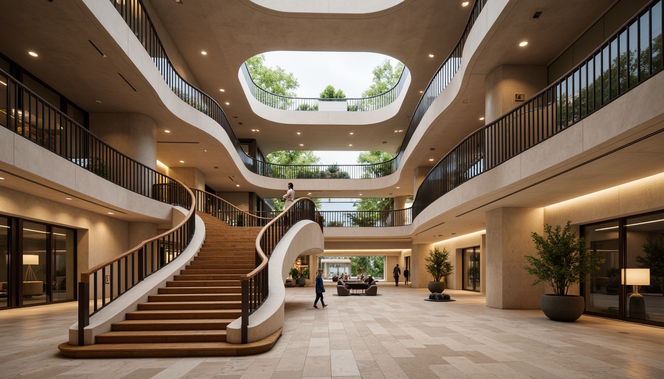 Prompt: Sweeping staircase, curvaceous banisters, undulating handrails, polished metal railings, flowing wooden steps, organic shapes, futuristic architecture, grand atrium, high ceiling, natural stone walls, glass balustrades, minimalist lighting, warm ambient glow, soft shadows, 1/2 composition, shallow depth of field, realistic reflections, intricate textures.