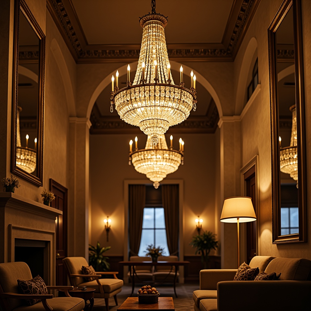 Prompt: Elegant chandeliers, crystal drops, warm golden lighting, luxurious ambiance, high ceilings, ornate fixtures, metallic accents, soft diffused light, cozy atmosphere, intimate setting, dimmable bulbs, floor lamps, table lamps, pendant lights, recessed lighting, indirect illumination, subtle shadows, sophisticated interior design, upscale decor, refined living spaces.