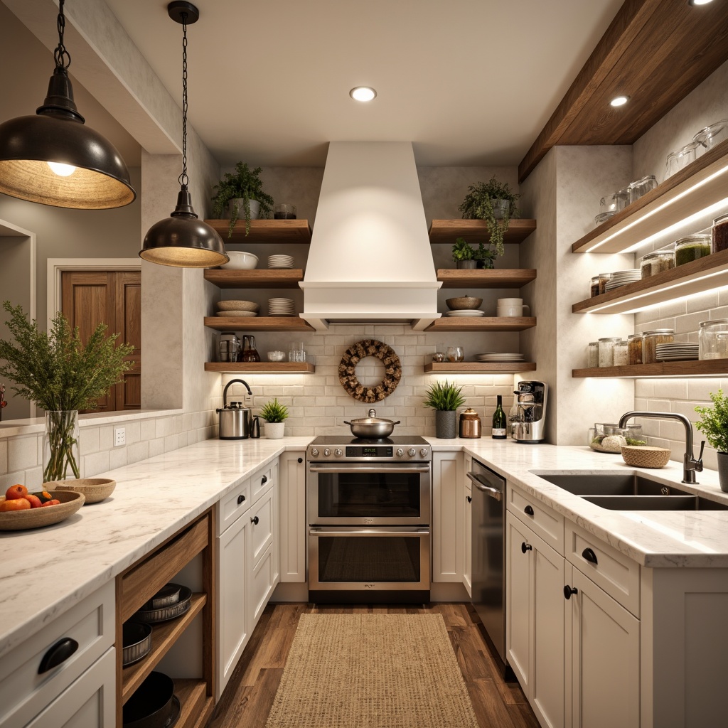 Prompt: Cozy pantry, warm neutral tones, soft overhead lighting, elegant pendant lamps, rustic metal shades, matte white finishes, subtle LED strips, ambient under-cabinet illumination, polished chrome accents, classic glass jar displays, open shelving, natural wood textures, creamy marble countertops, abundant storage, modern farmhouse style, inviting atmosphere, shallow depth of field, 1/1 composition, realistic renderings.