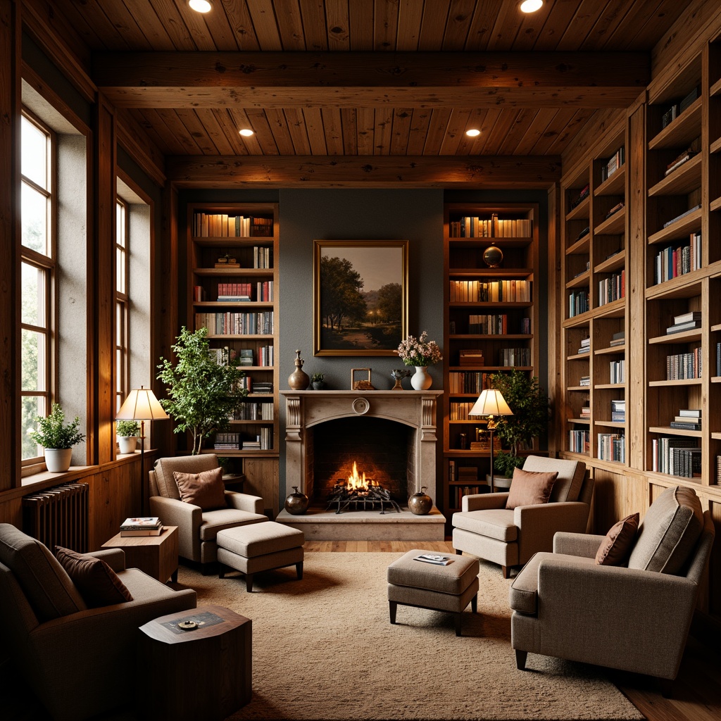 Prompt: Cozy rustic library, warm wood tones, vintage bookshelves, comfortable reading nooks, plush armchairs, soft cushions, earthy color palette, natural stone walls, wooden beams, floor lamps, table lamps, warm white lighting, softbox lights, diffused light sources, intimate atmosphere, quiet ambiance, classic literature displays, leather-bound books, wooden desk lamps, greenery accents, potted plants, nature-inspired artwork, warm beige carpeting, crackling fireplace, soft instrumental background music, shallow depth of field, 2/3 composition, warm color grading.