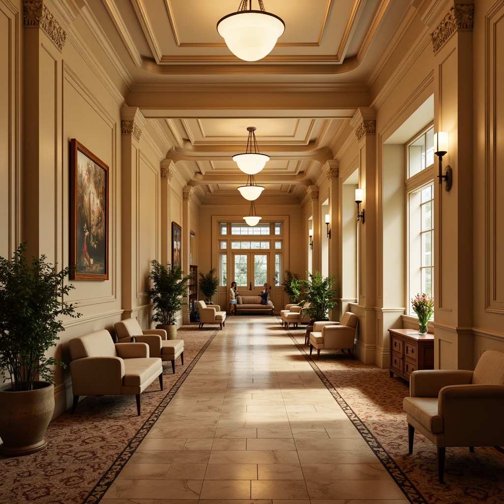 Prompt: Warm beige walls, rich wood paneling, ornate molding details, soft cream-colored trim, comfortable waiting areas, natural stone flooring, calming art pieces, soothing color palette, elegant chandeliers, classic furniture designs, plush carpeted floors, subtle patterned upholstery, warm task lighting, traditional architectural elements, grand entranceways, stately columns, serene ambiance, shallow depth of field, 1/2 composition, soft box lighting.