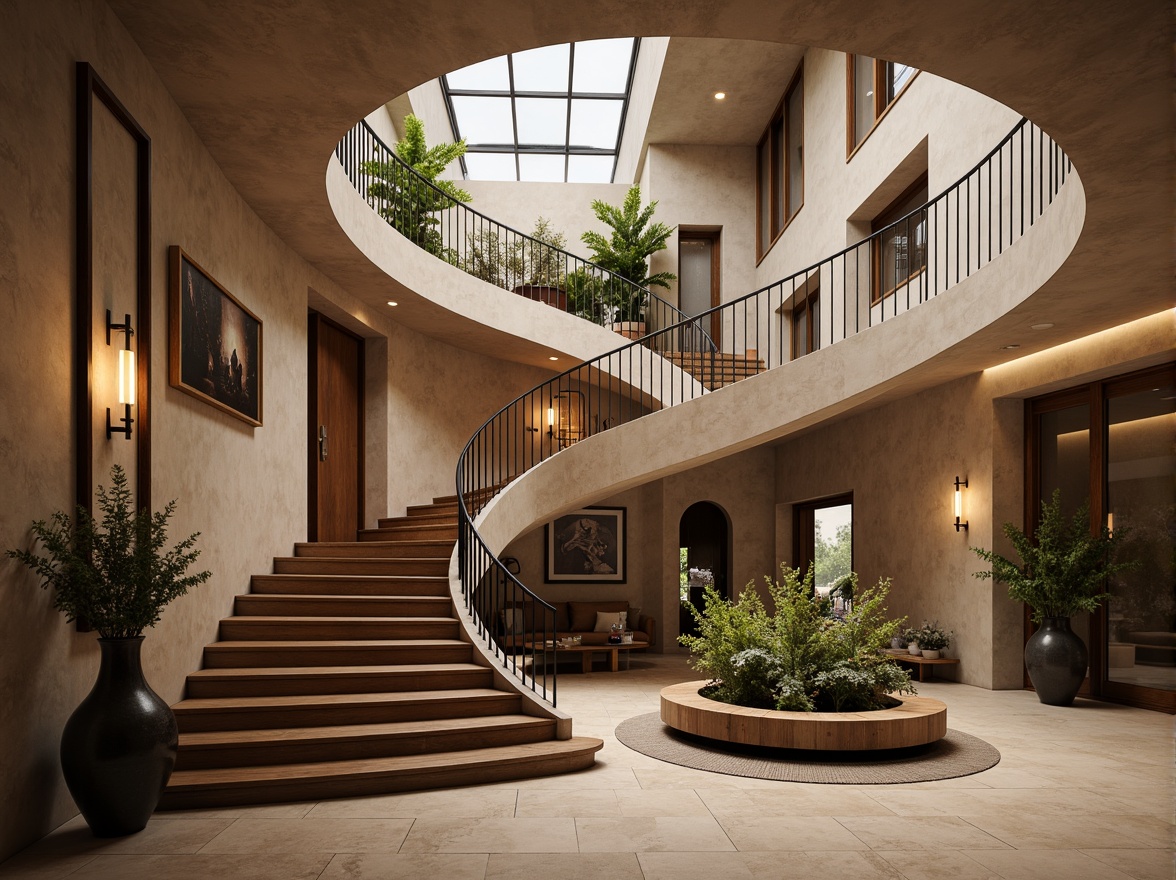 Prompt: Spiral staircase, flowing curves, sleek metal railings, polished wooden steps, luxurious carpeting, ornate balusters, grand chandelier, high-ceilinged atrium, natural stone walls, marble flooring, modern minimalist decor, warm ambient lighting, soft shadows, shallow depth of field, 1/1 composition, realistic textures, ambient occlusion.