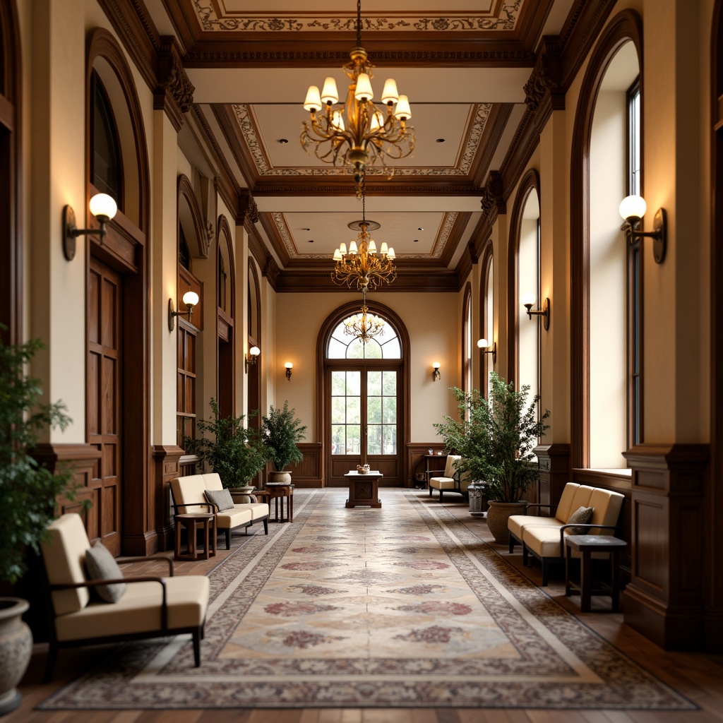 Prompt: Richly ornate hospital interior, traditional European-style furnishings, grand chandeliers, intricately patterned carpets, warm beige walls, dark wood accents, elegant crown molding, comfortable waiting areas, plush patient rooms, natural stone flooring, soft warm lighting, shallow depth of field, 3/4 composition, realistic textures, ambient occlusion.