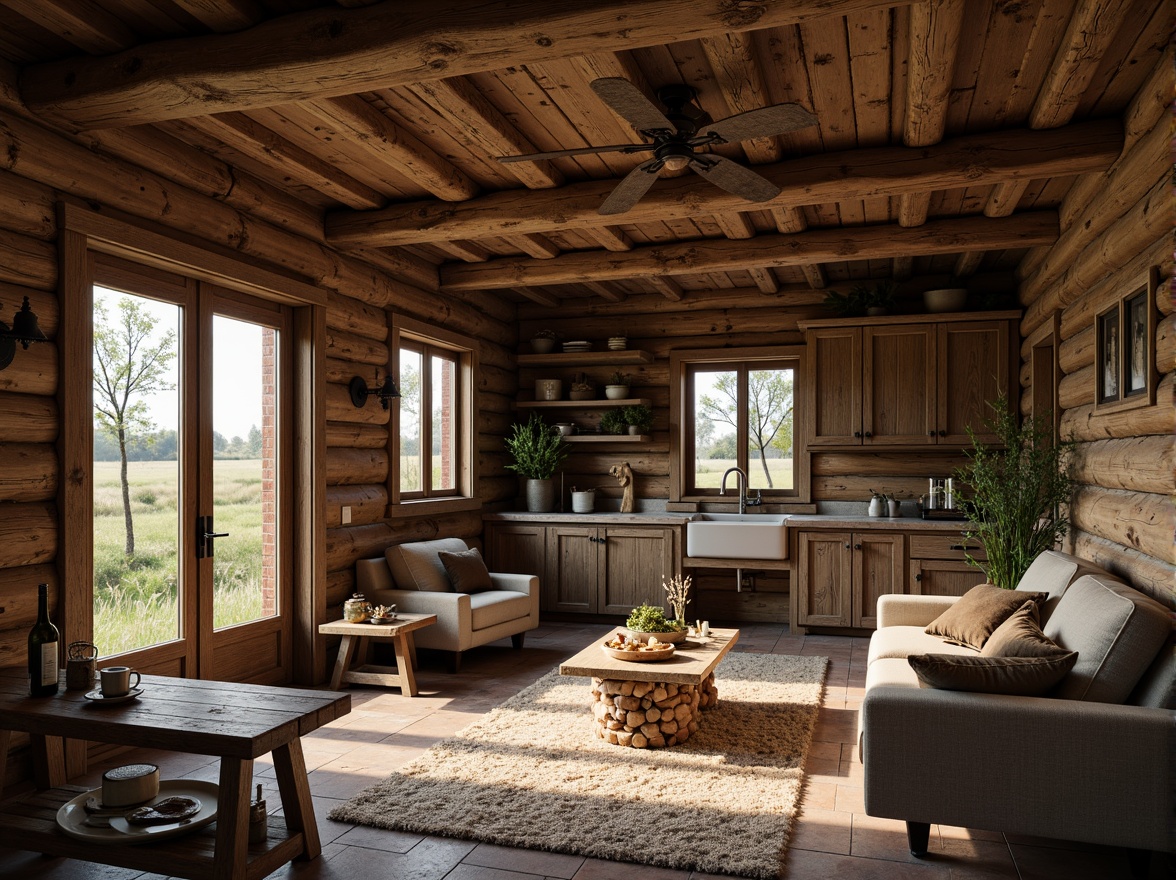 Prompt: Rustic cabin, wooden accents, distressed textures, earthy tones, natural materials, reclaimed wood planks, stone floors, brick patterns, wooden beams, country-inspired decor, vintage furniture, warm ambient lighting, cozy atmosphere, shallow depth of field, 1/1 composition, realistic textures, ambient occlusion.