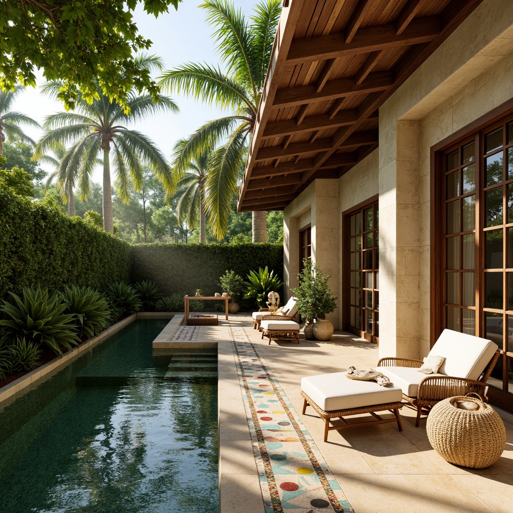 Prompt: Exotic tropical villa, lush green walls, natural stone cladding, wooden accents, bamboo textures, woven rattan furniture, vibrant colorful tiles, Moroccan-inspired mosaics, warm beige stucco, palm tree silhouettes, ocean breeze, sunny afternoon, soft diffused lighting, shallow depth of field, 1/1 composition, realistic renderings, ambient occlusion.