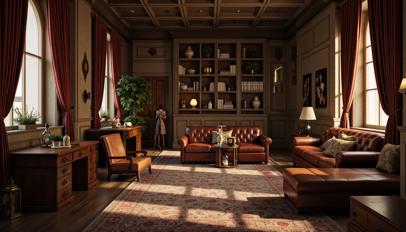 Prompt: Rustic wooden desks, vintage leather armchairs, ornate metal lanterns, rich velvet drapes, sophisticated tufted sofas, classic bookshelves, stately columns, elegant archways, refined wood paneling, subtle patterned rugs, warm golden lighting, shallow depth of field, 2/3 composition, realistic textures, ambient occlusion.