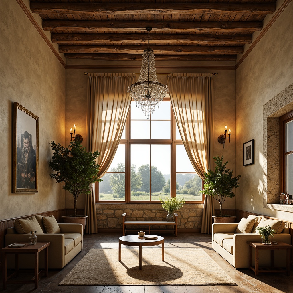 Prompt: Rustic stone walls, distressed wood paneling, soft cream-colored plaster, vintage decorative molding, ornate wooden ceiling beams, natural linen drapery, warm golden lighting, elegant crystal chandeliers, plush velvet upholstery, antique furnishings, charming countryside views, serene atmosphere, soft focus, 1/1 composition, realistic textures, ambient occlusion.