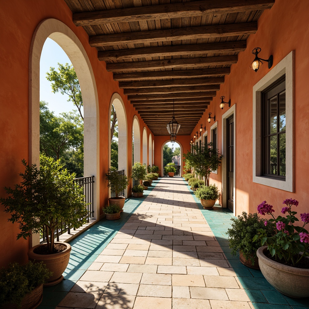 Prompt: Warm terracotta walls, soft cream accents, weathered wooden beams, turquoise ceramic tiles, lush greenery, vibrant bougainvillea flowers, rustic stone pathways, wrought iron balconies, ornate metalwork details, sunny day, warm golden lighting, shallow depth of field, 3/4 composition, panoramic view, realistic textures, ambient occlusion.