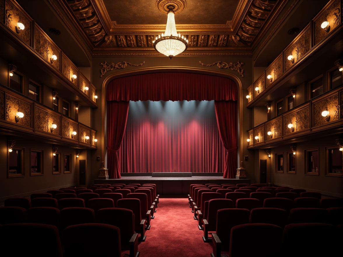 Prompt: Dimly lit theater interior, rich velvet curtains, ornate golden details, dramatic spotlights, soft warm glow, subtle color temperature shifts, ambient shadows, cinematic atmosphere, luxurious seating, red carpet aisle, grand chandelier, majestic proscenium arch, 1/2 composition, low-key lighting, moody contrasts, realistic textures, atmospheric fog effect.